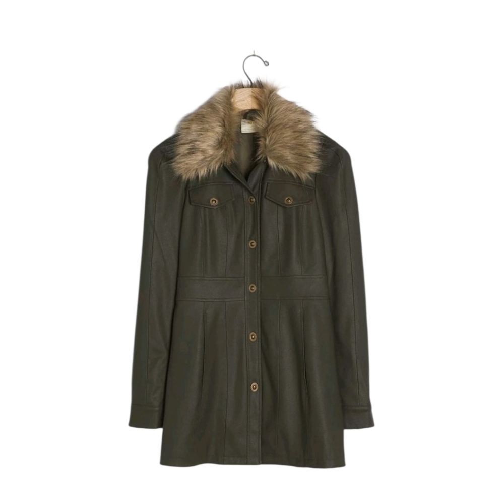 Anthropologie‎ Maeve Kellie Faux Leather Coat Green 6 Removable Faux Fur Collar